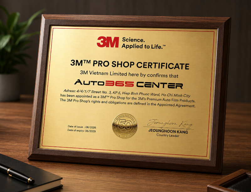 Chứng nhận Auto365 Center là đại lý ủy quyền chính thức 3M Pro Shop của 3M tại Việt Nam.