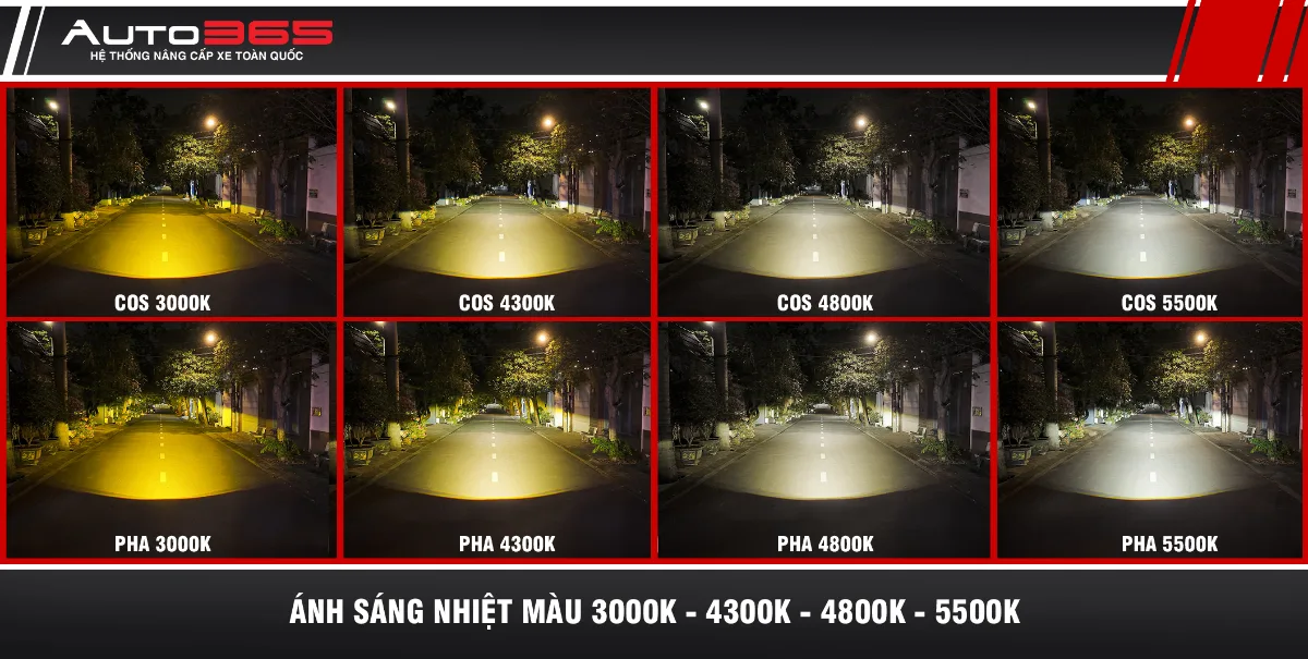 So sánh ánh sáng Cos và Pha ở 4 nhiệt màu 3000K, 4300K, 4800K, 5500K trên bi gầm X-Light 301 V2