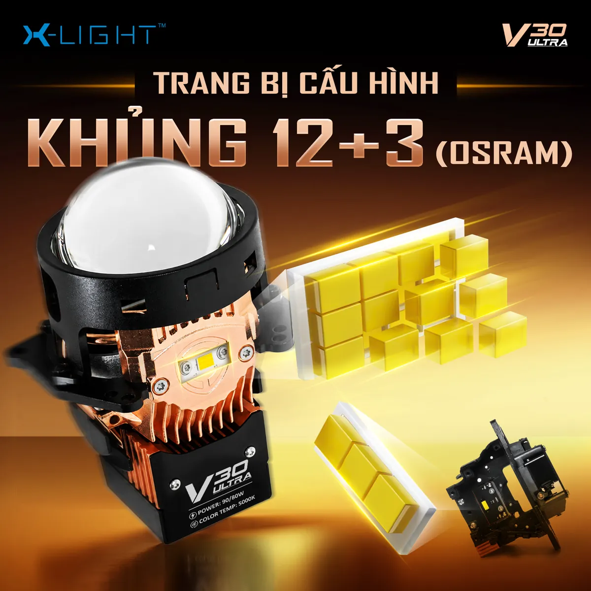 Cấu hình chip LED 12+3 Osram của Bi LED X-Light V30 Ultra 2026: 12 chip LED chóa phản xạ chính cho chế độ Cos, 3 chip Osram chóa phản xạ phụ cho chế độ Pha.