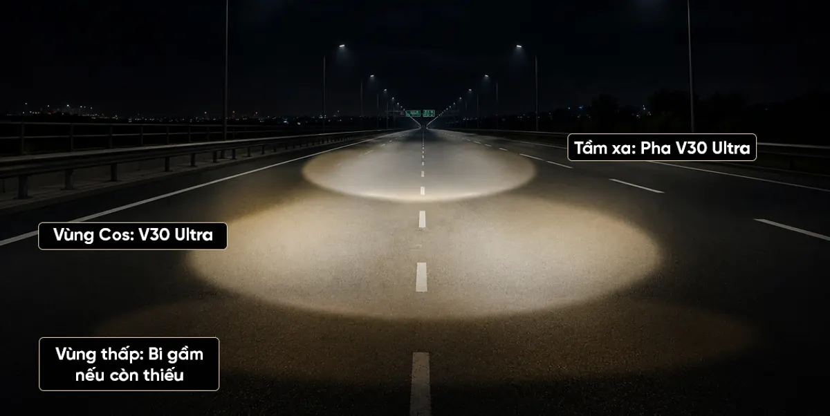 Mô phỏng vùng sáng Bi LED X-Light V30 Ultra khi chạy cao tốc và đường trường: Cos ổn định phía trước, Pha kéo dài tầm xa cho quan sát biển báo và làn đường.