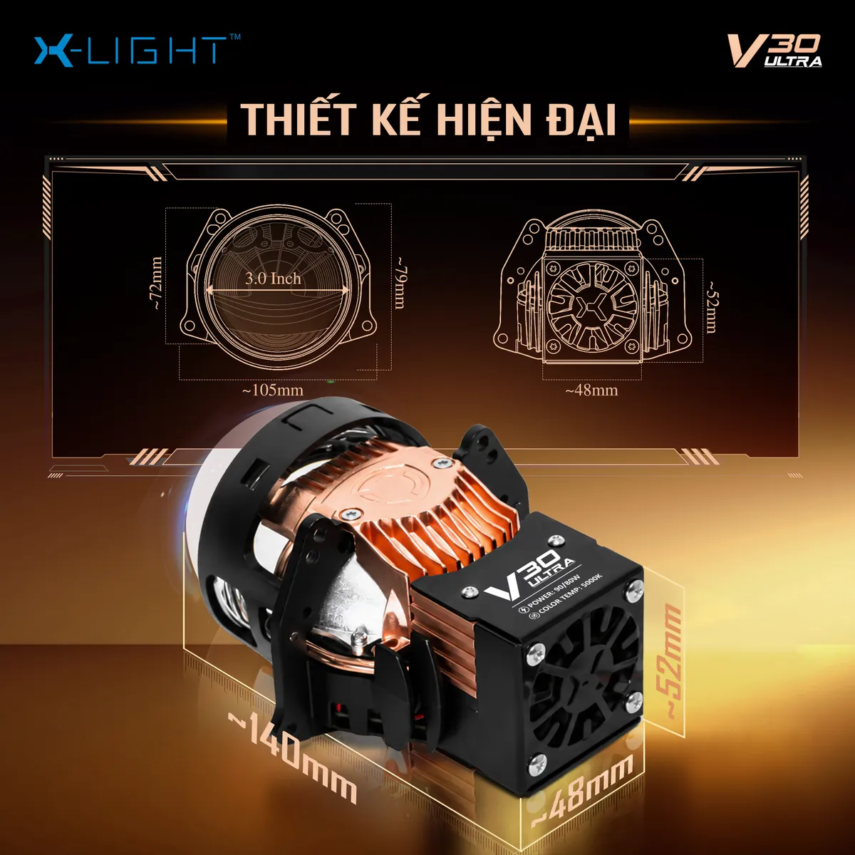 Bản vẽ kích thước Bi LED X-Light V30 Ultra 2026: lens 3.0 inch, đường kính khoảng 72–79 mm, chiều rộng đế khoảng 105 mm, chiều dài tổng thể khoảng 140 mm và chiều cao quạt tản nhiệt khoảng 48–52 mm.