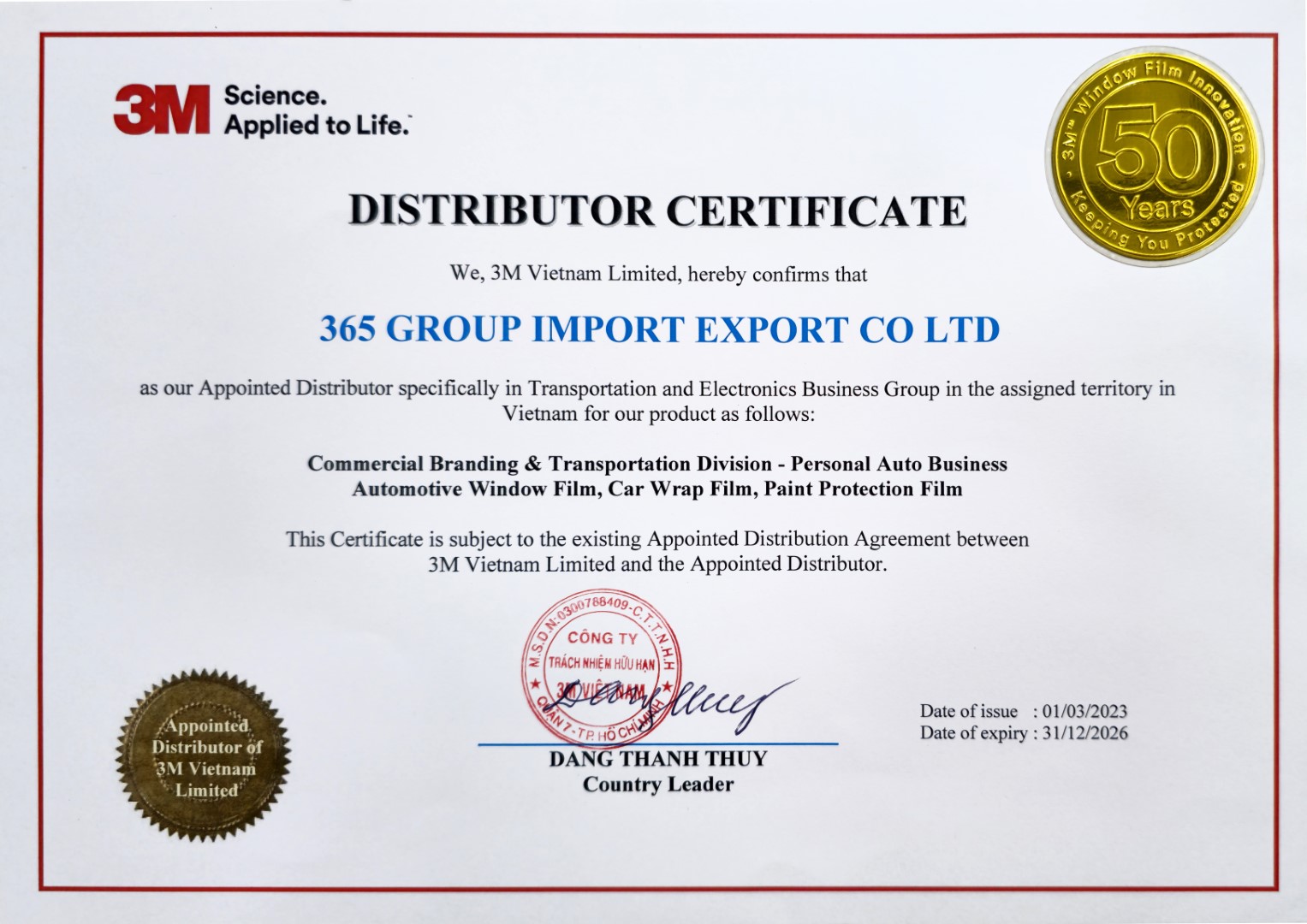 Distributor Certificate — 365 Group Import Export là nhà phân phối uỷ quyền 3M Việt Nam
