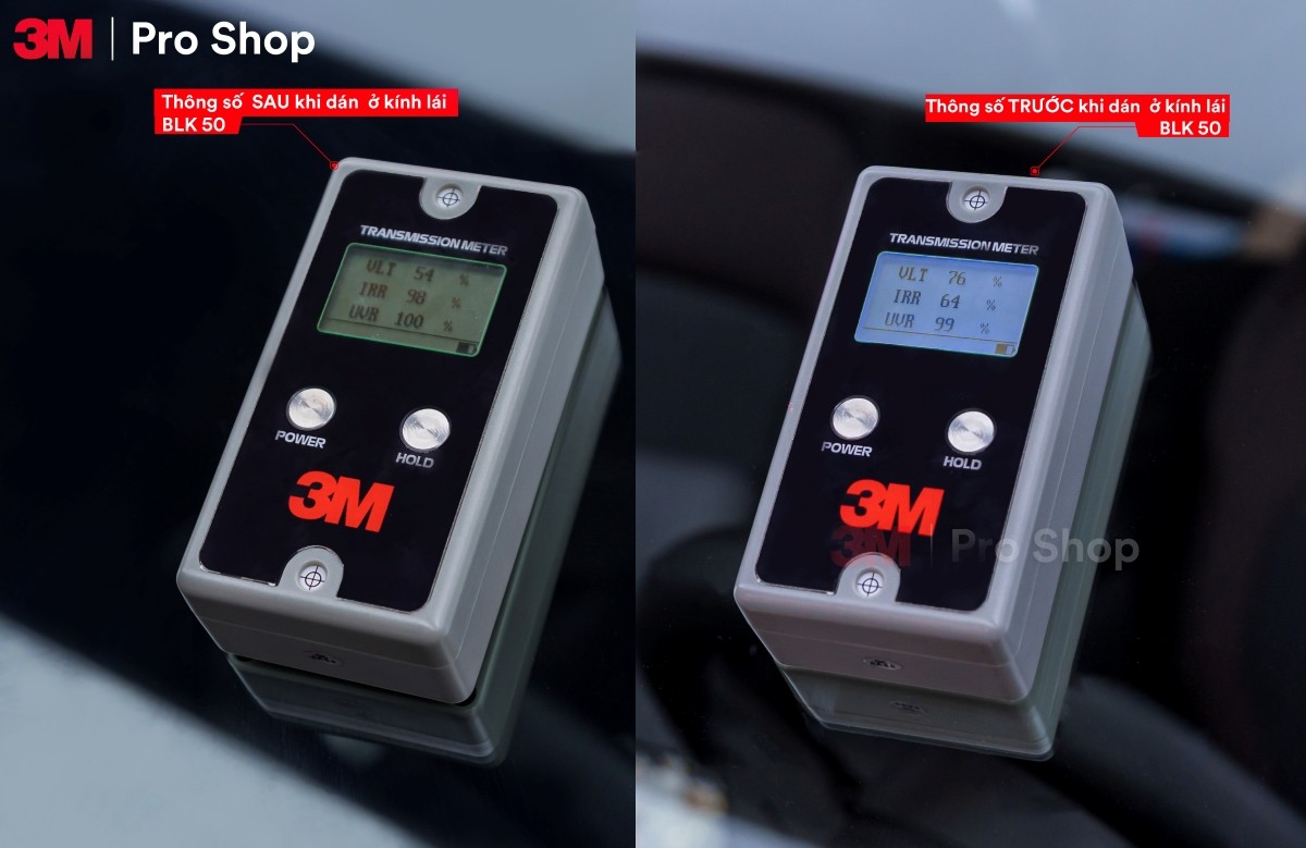 Đo kiểm bằng transmission meter 3M tại Auto365 — kính lái trước khi dán đo VLT 76%, IRR 64%, UVR 99%; sau khi dán phim 3M Crystalline CR BLK 50 đo VLT 54%, IRR 98%, UVR 100%